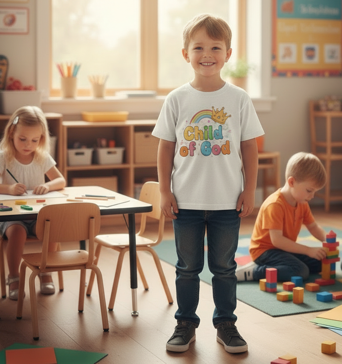 Child of God Toddler T‑Shirt — Cute Rainbow Crown Faith Tee for Kids