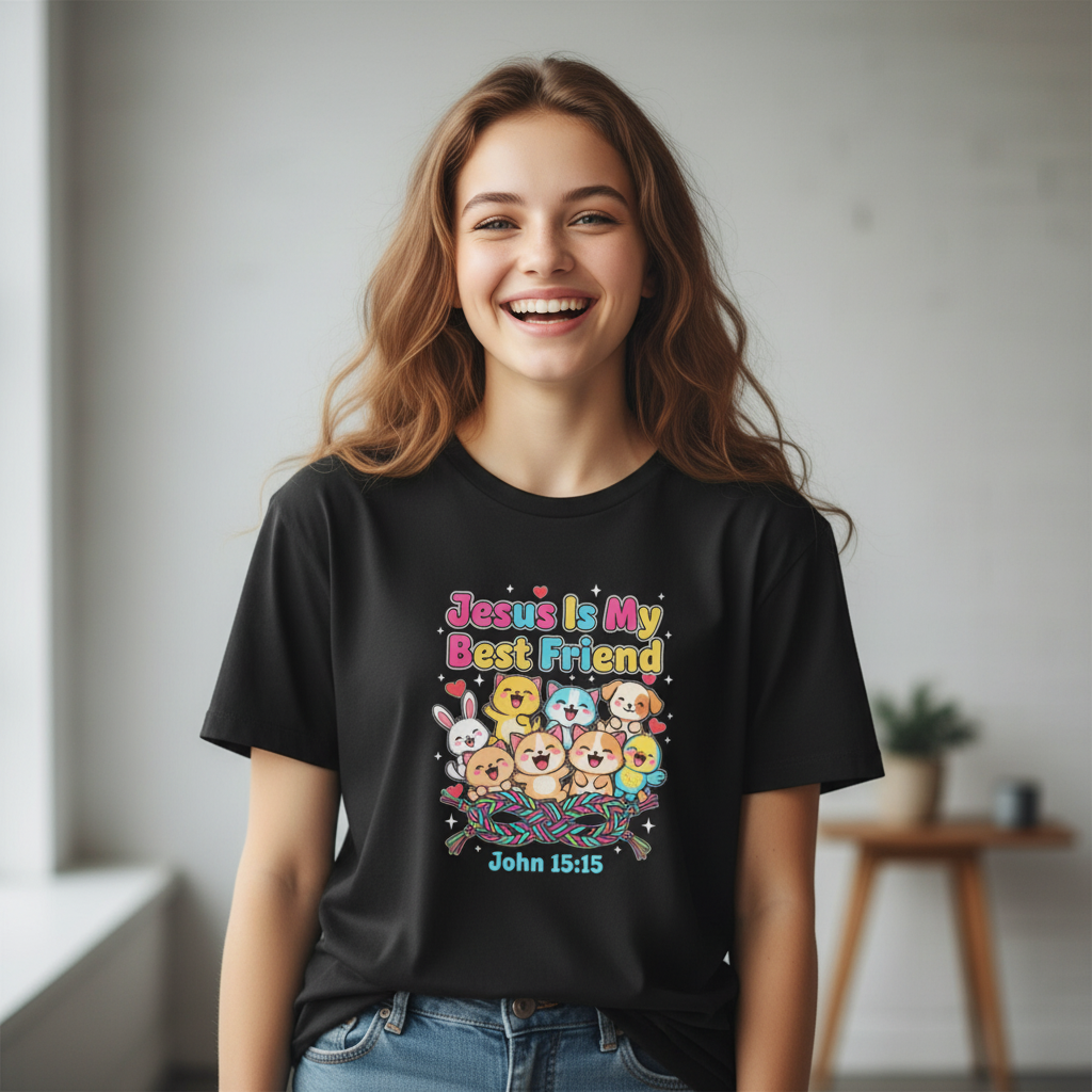 Jesus Is My Best Friend Kids T-Shirt — John 15:15 Cute Animal Faith Tee