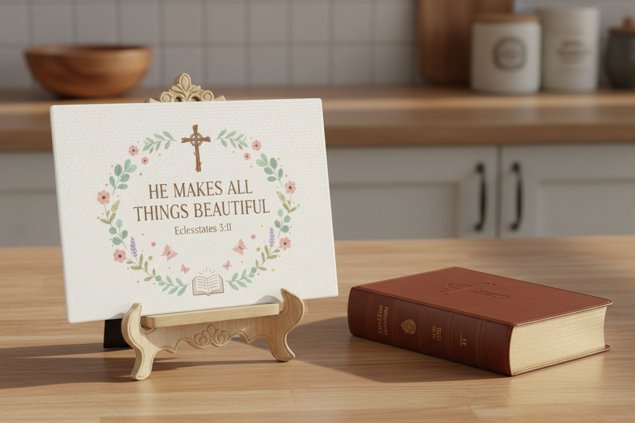 He Makes All Things Beautiful Satin Canvas Wall Art — Ecclesiastes 3:11 Floral Christian Print