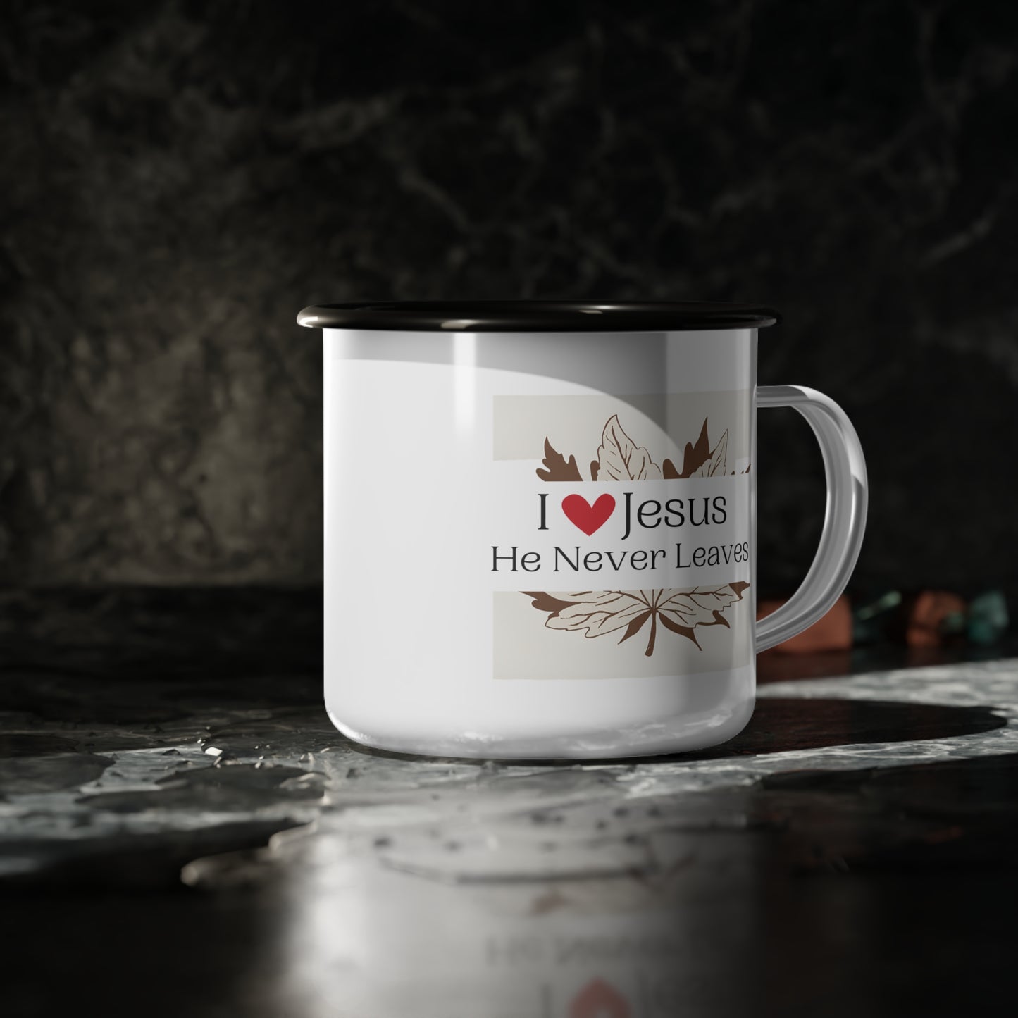 “I Love Jesus—He Never Leaves” Enamel Camp Cup