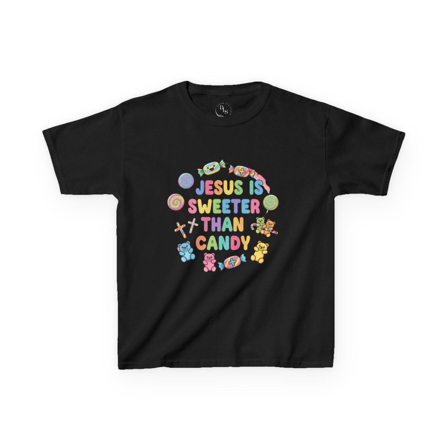 Kids Tee — "Jesus Is Sweeter Than Candy" Colorful Candy Circle Christian Shirt
