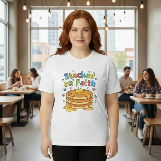 Pancake “Stacked on Faith” T-Shirt — Cute Christian Breakfast Graphic Tee