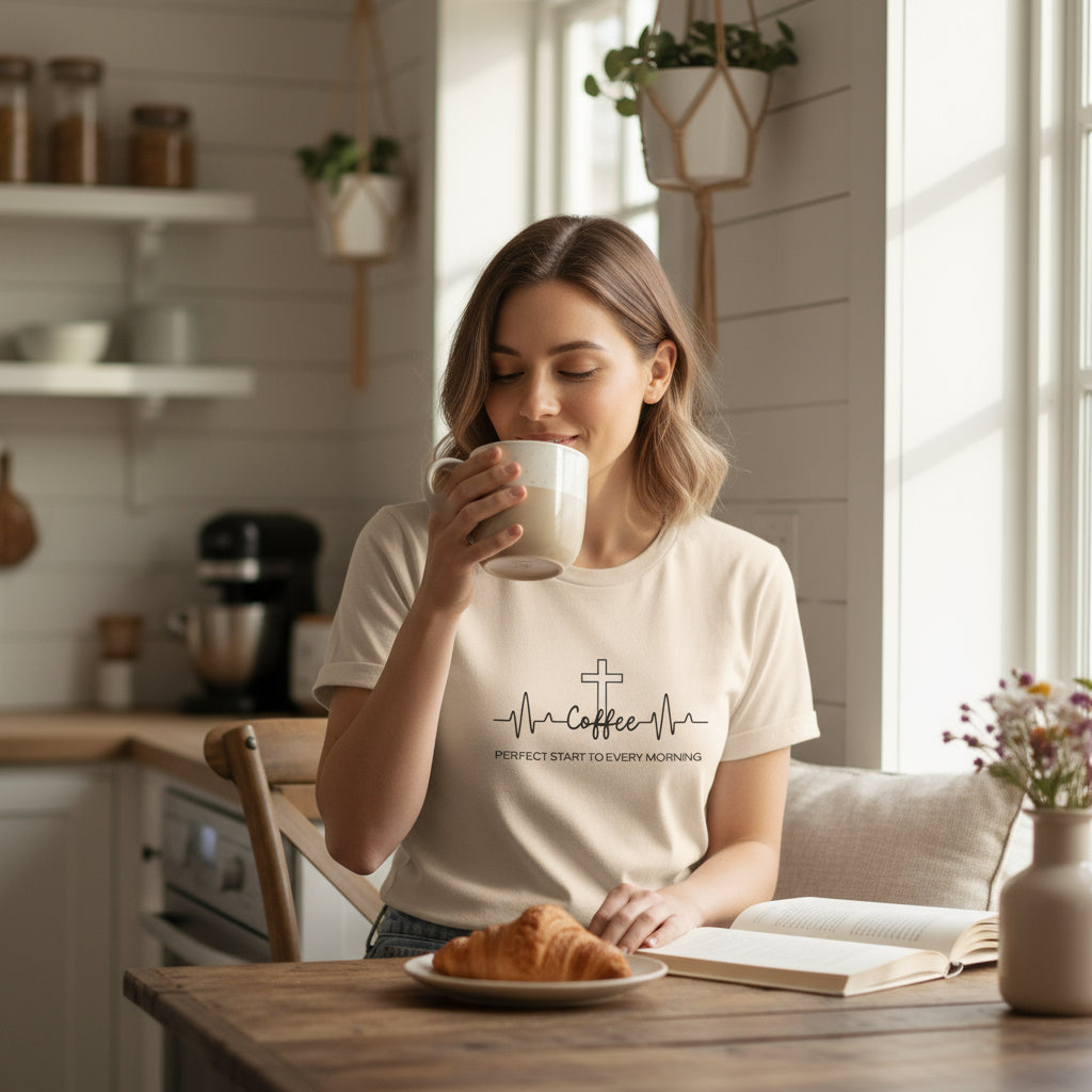 Coffee and Jesus are the perfect start to every morning.. Heartbeat Tee - Faith starts in the morning Perfect Start to Every Morning