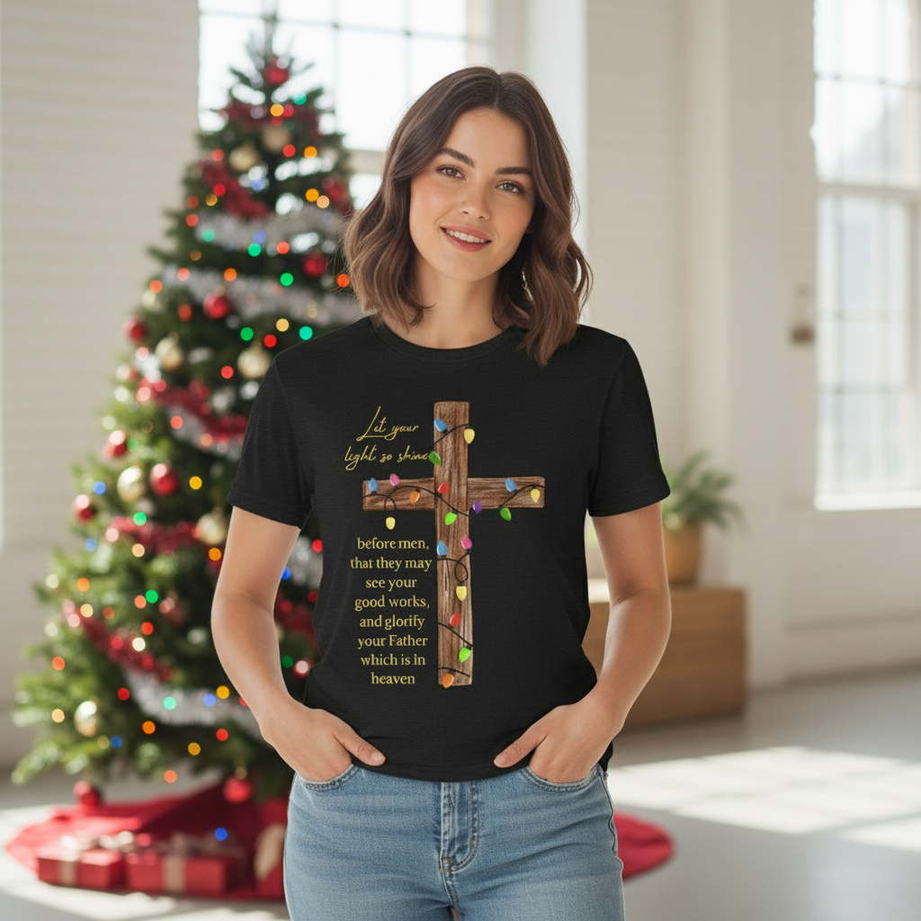 Christmas Christian Cross, let your light shine before men. T Shirt