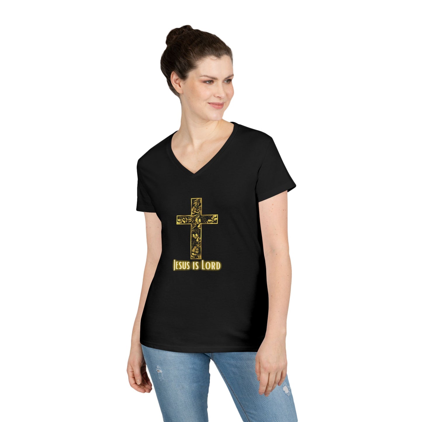 Women's Floral Cross V‑Neck T‑Shirt — Faith Over Fear Inspirational Top