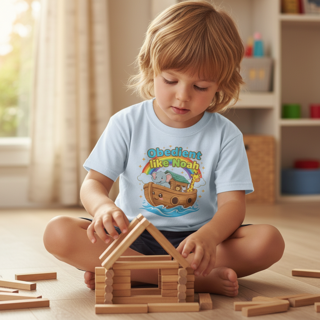 Kids Tee — "Obedient Like Noah" Cute Noah's Ark Bible Shirt