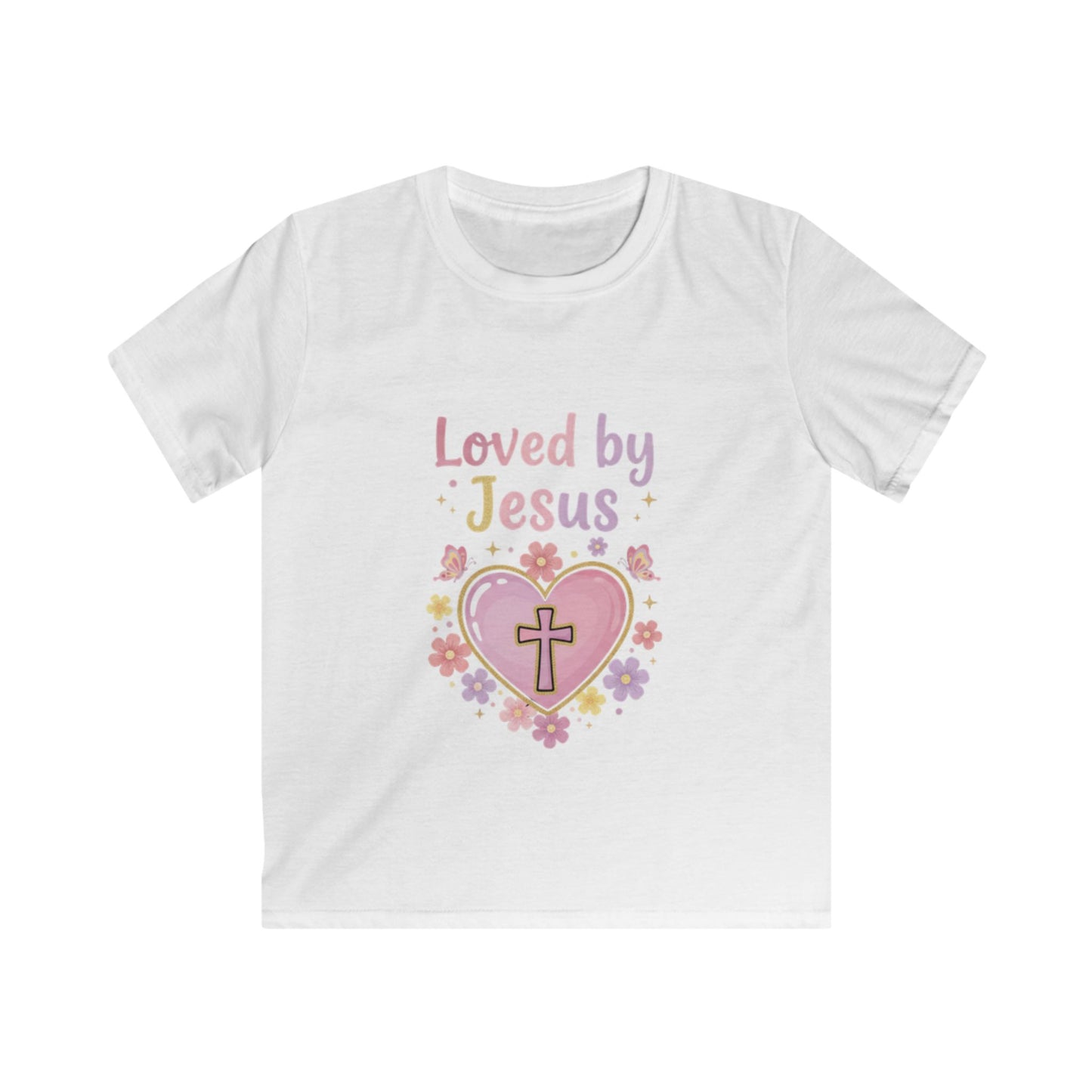 Kids Tee — "Loved by Jesus" Heart Cross Floral Christian Shirt