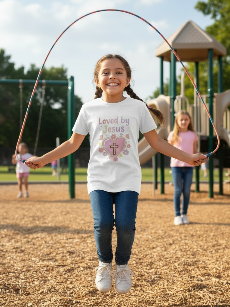 Kids Tee — "Loved by Jesus" Heart Cross Floral Christian Shirt