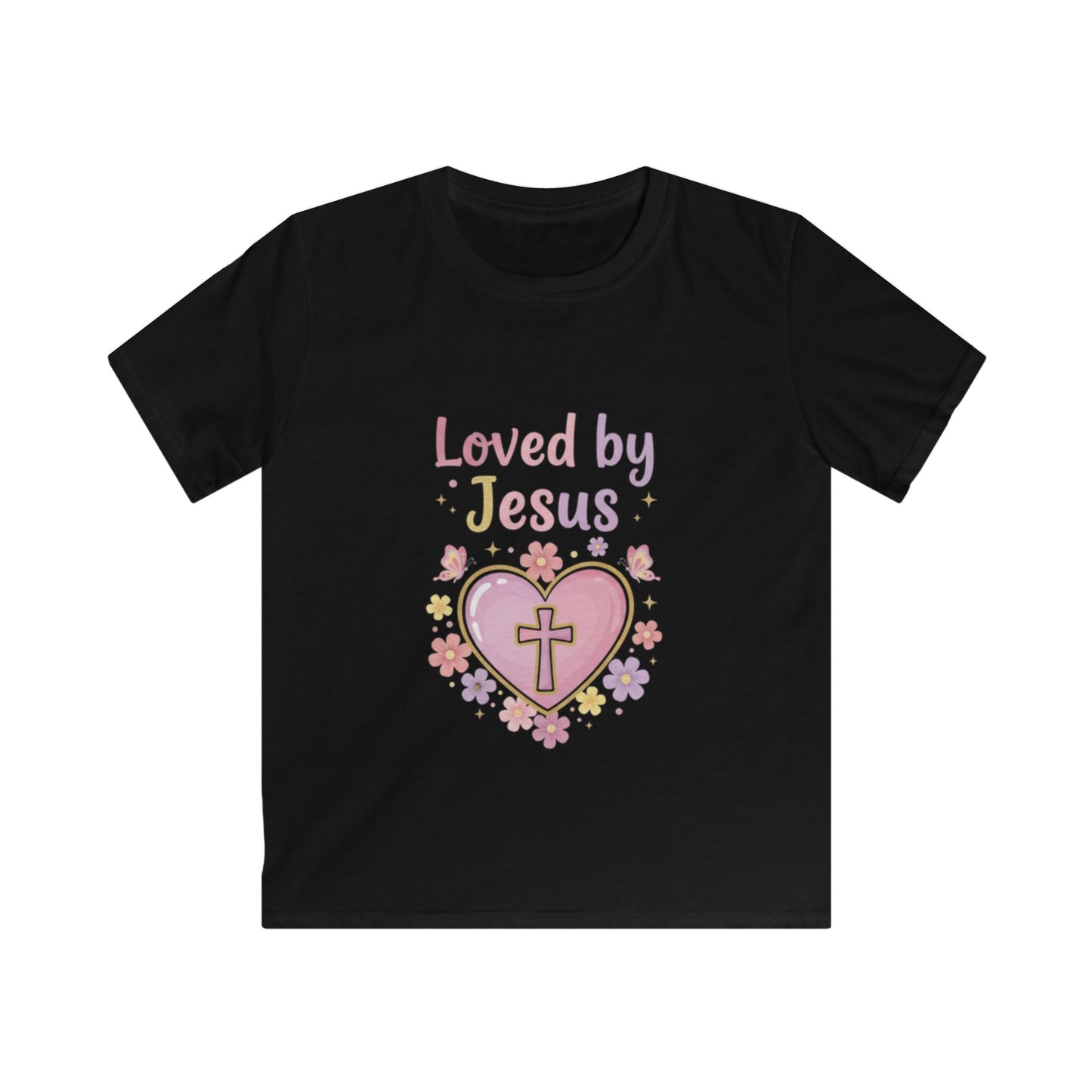 Kids Tee — "Loved by Jesus" Heart Cross Floral Christian Shirt