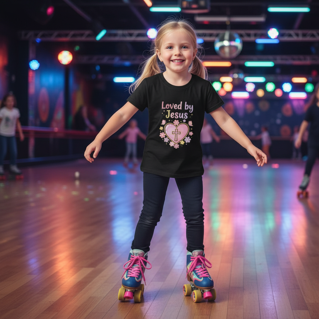 Kids Tee — "Loved by Jesus" Heart Cross Floral Christian Shirt