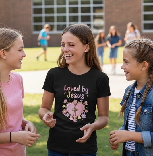 Kids Tee — "Loved by Jesus" Heart Cross Floral Christian Shirt