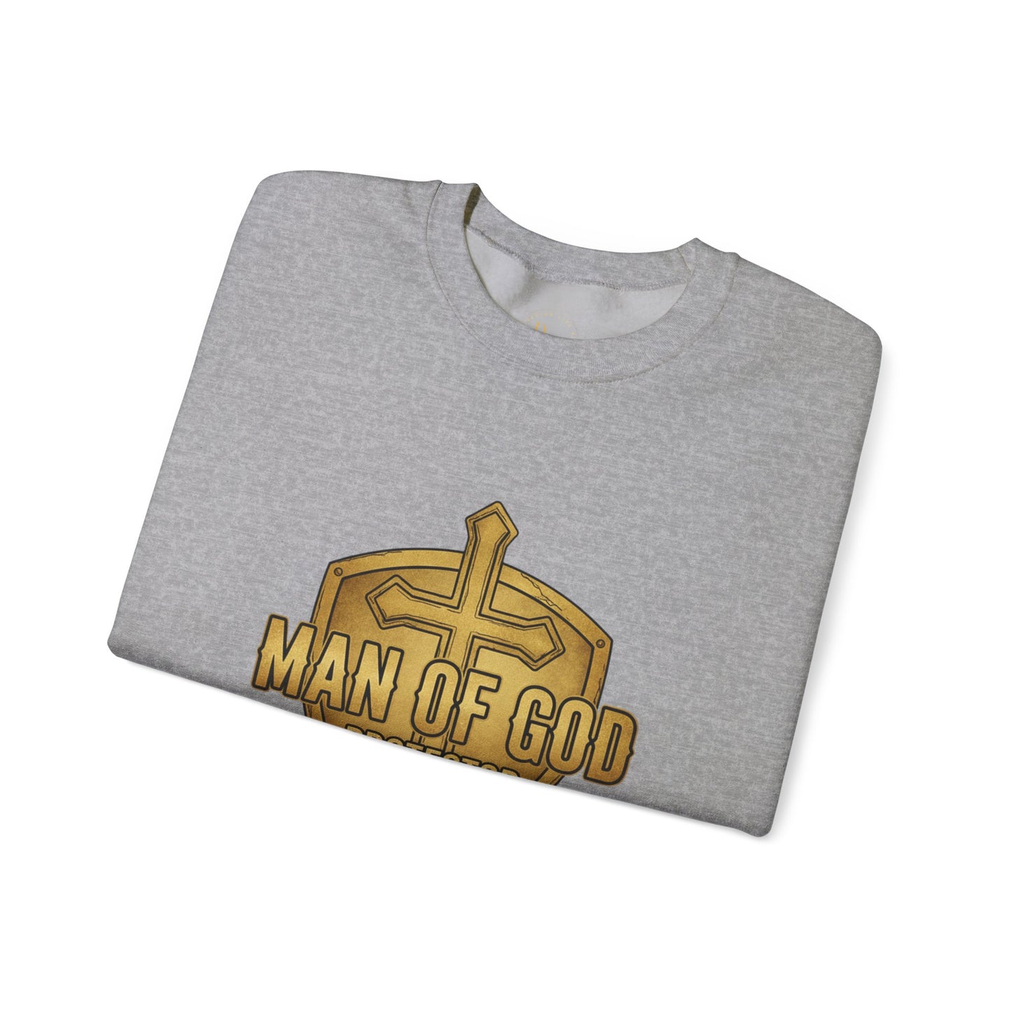 Man of God Protector Crewneck Sweatshirt — Christian Shield & Sword Heavy Blend