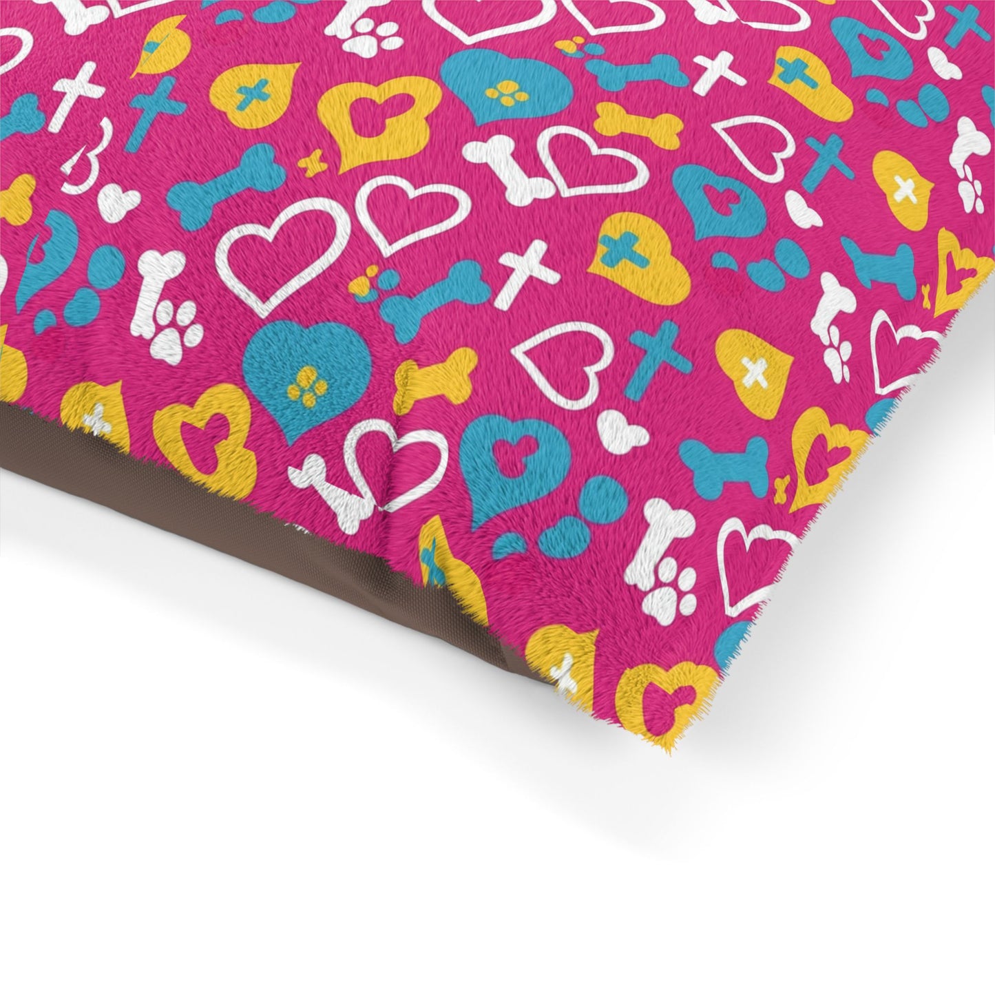 Pink Paw-Print Pet Bed — Cozy Pillow with Hearts, Bones & Crosses Pattern