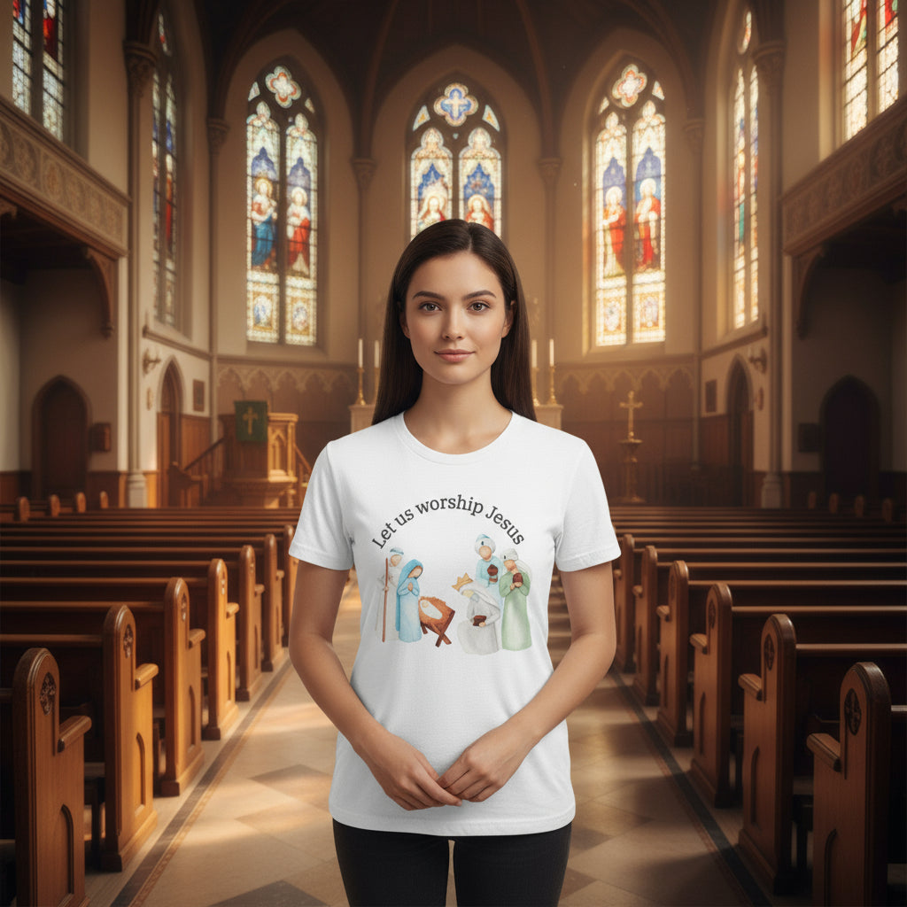 Let Us Worship Jesus Christmas T Shirt from Remarkablefaith.net beautiful manager scene