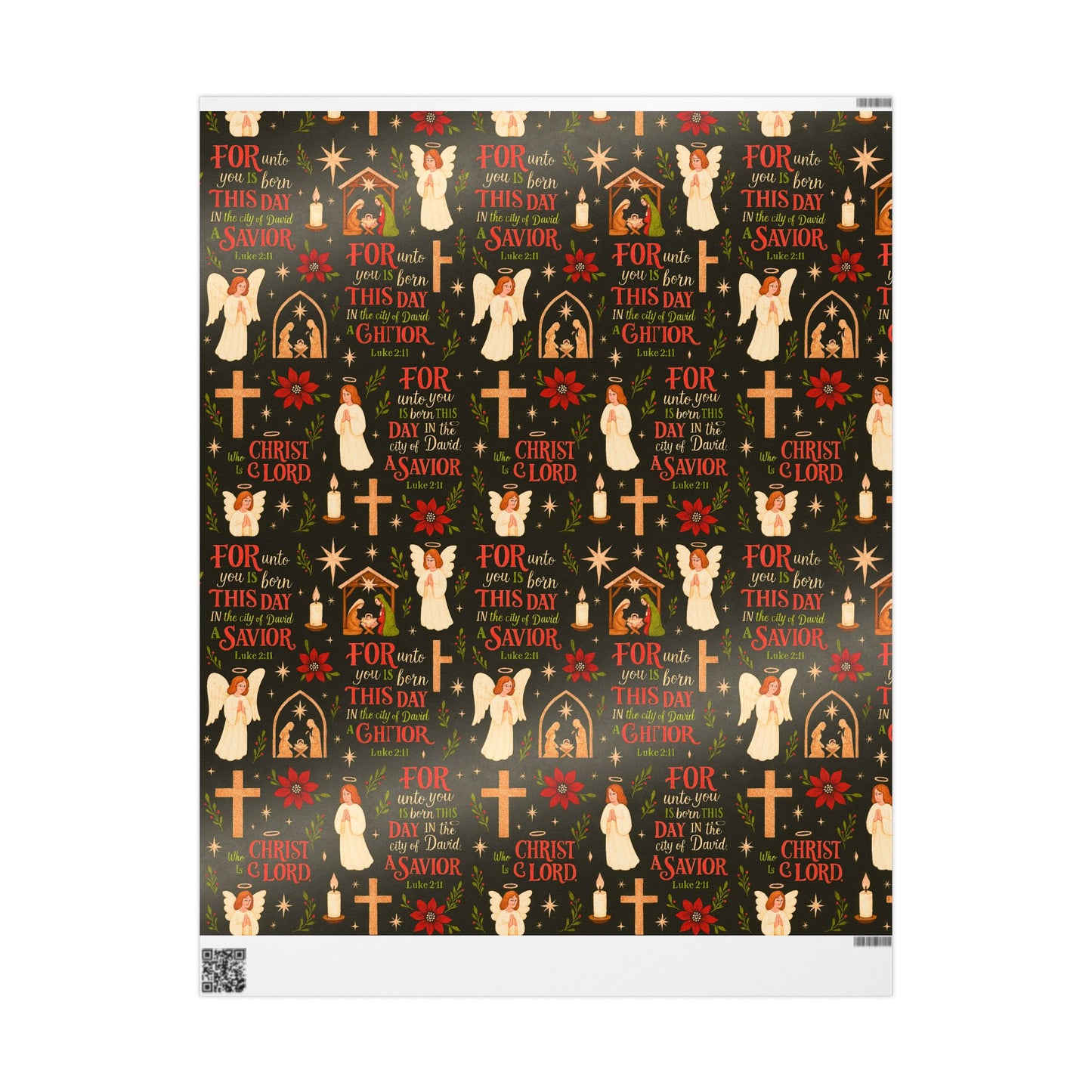 Christian Nativity Wrapping Paper – 'For This Day a Savior Is Born' Holiday Gift Wrap (Angels, Crosses & Manger Pattern)