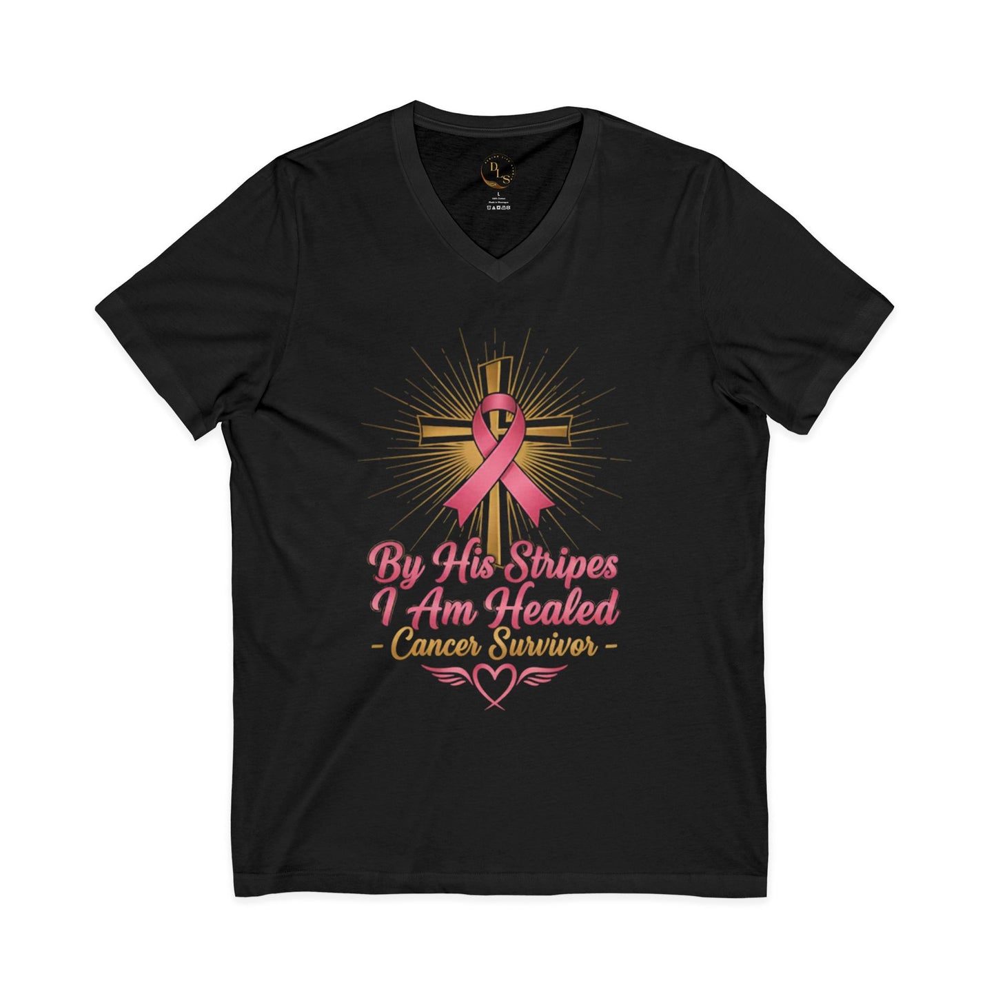 Cancer Survivor V-Neck Tee — "By His Stripes I Am Healed" Faith & Pink Ribbon Shirt