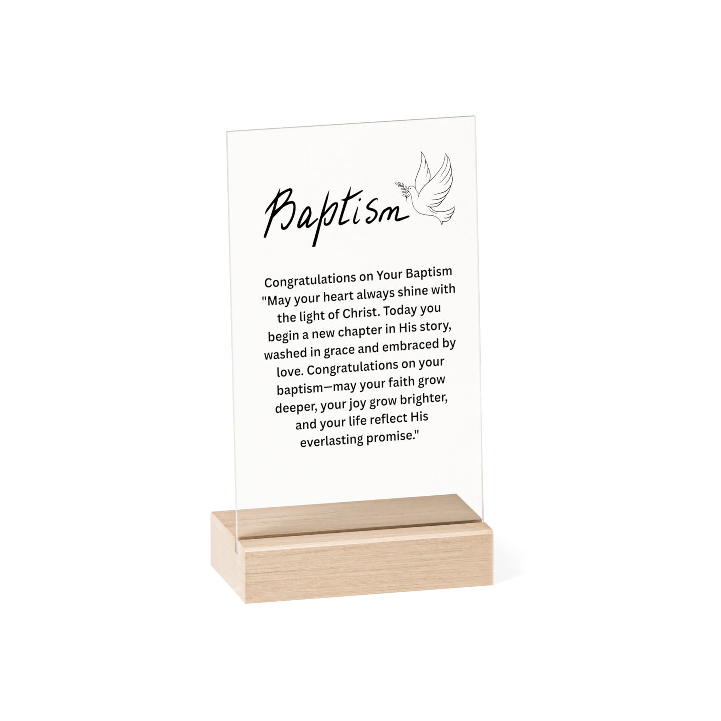 Baptism Acrylic Sign with Wooden Stand — Inspirational Christening Keepsake Plaque
