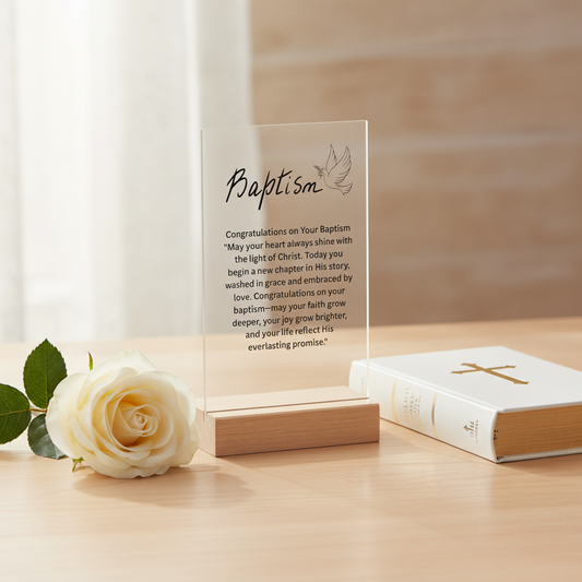 Baptism Acrylic Sign with Wooden Stand — Inspirational Christening Keepsake Plaque