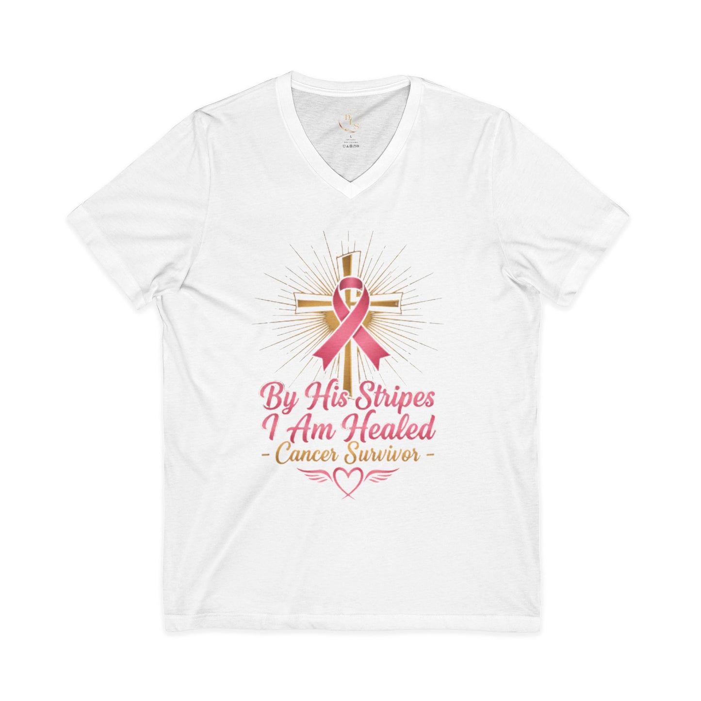 Cancer Survivor V-Neck Tee — "By His Stripes I Am Healed" Faith & Pink Ribbon Shirt
