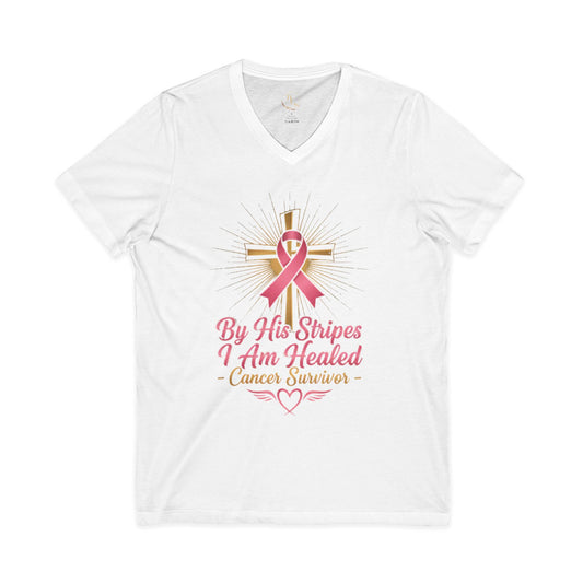 Cancer Survivor V-Neck Tee — "By His Stripes I Am Healed" Faith & Pink Ribbon Shirt
