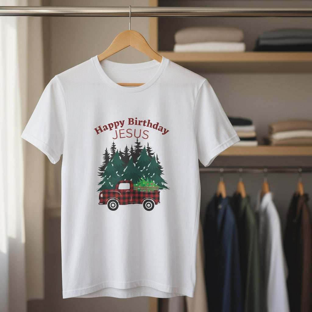 Happy Birthday Jesus Christmas Tee — Plaid Truck & Tree Holiday T-Shirt