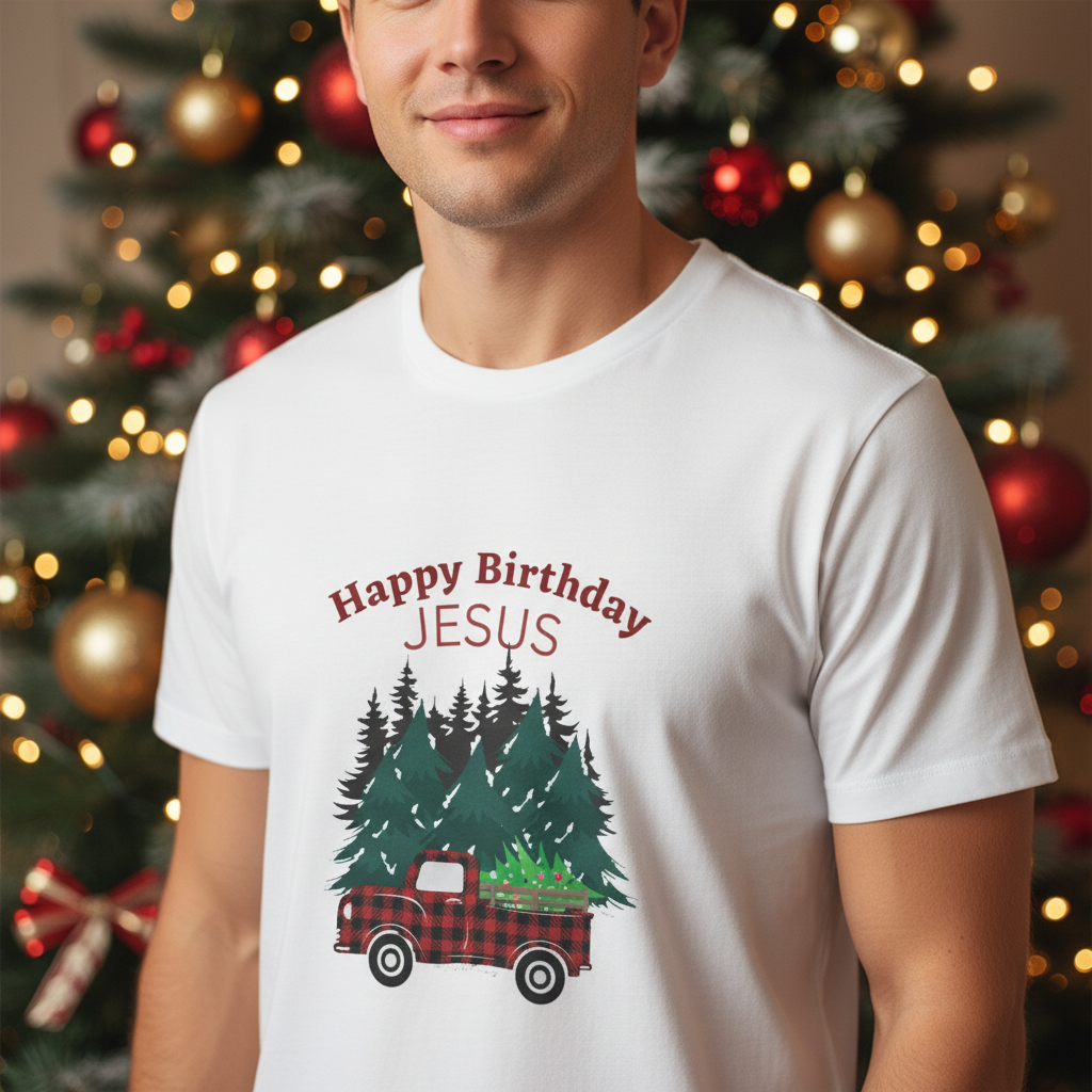 Happy Birthday Jesus Christmas Tee — Plaid Truck & Tree Holiday T-Shirt