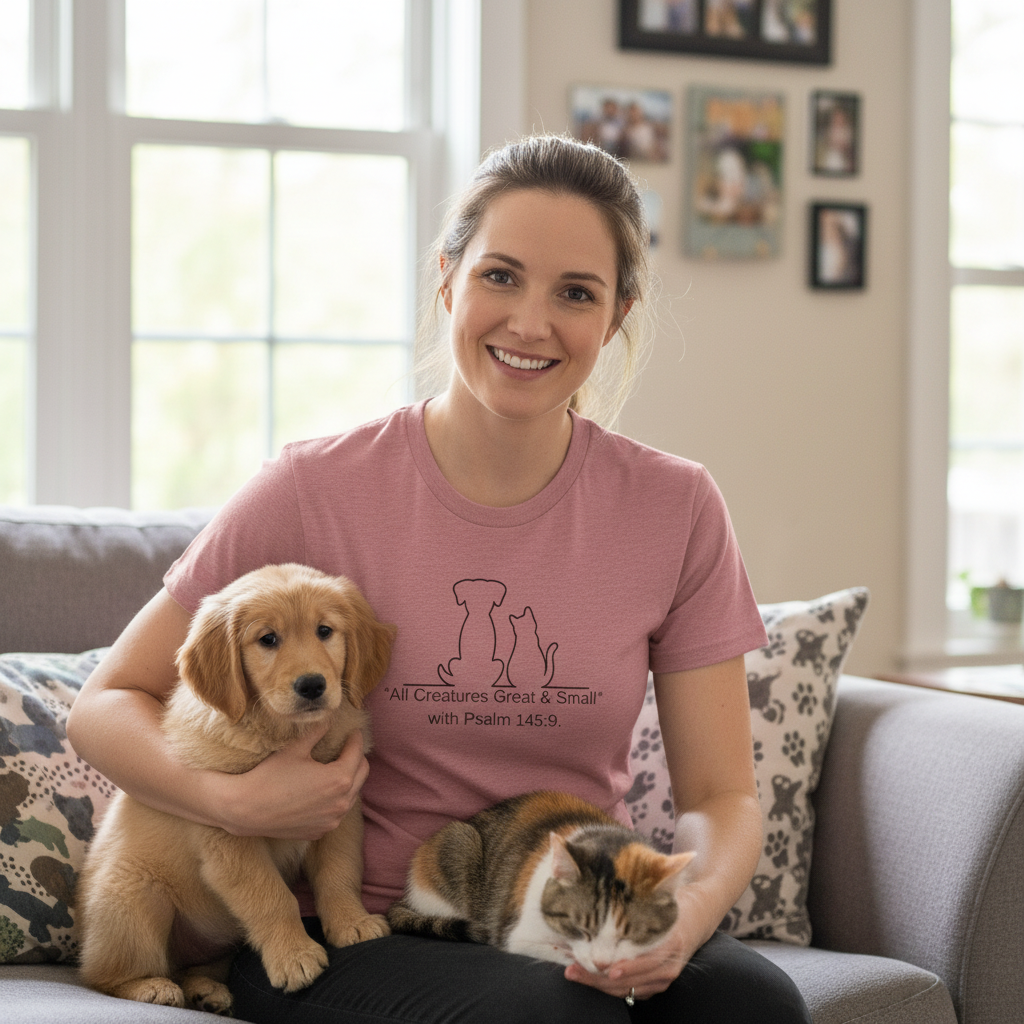 Pets & Faith Unisex Tee - All Creatures Great & Small, Cat & Dog T-Shirt, Animal Lovers Shirt, Bible Verse Tee, Christian Gift