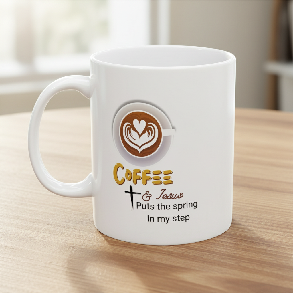 Jesus and Coffee, a day coffee puts a spring in my step  Mug — Funny Coffee Quote 11oz & 15oz