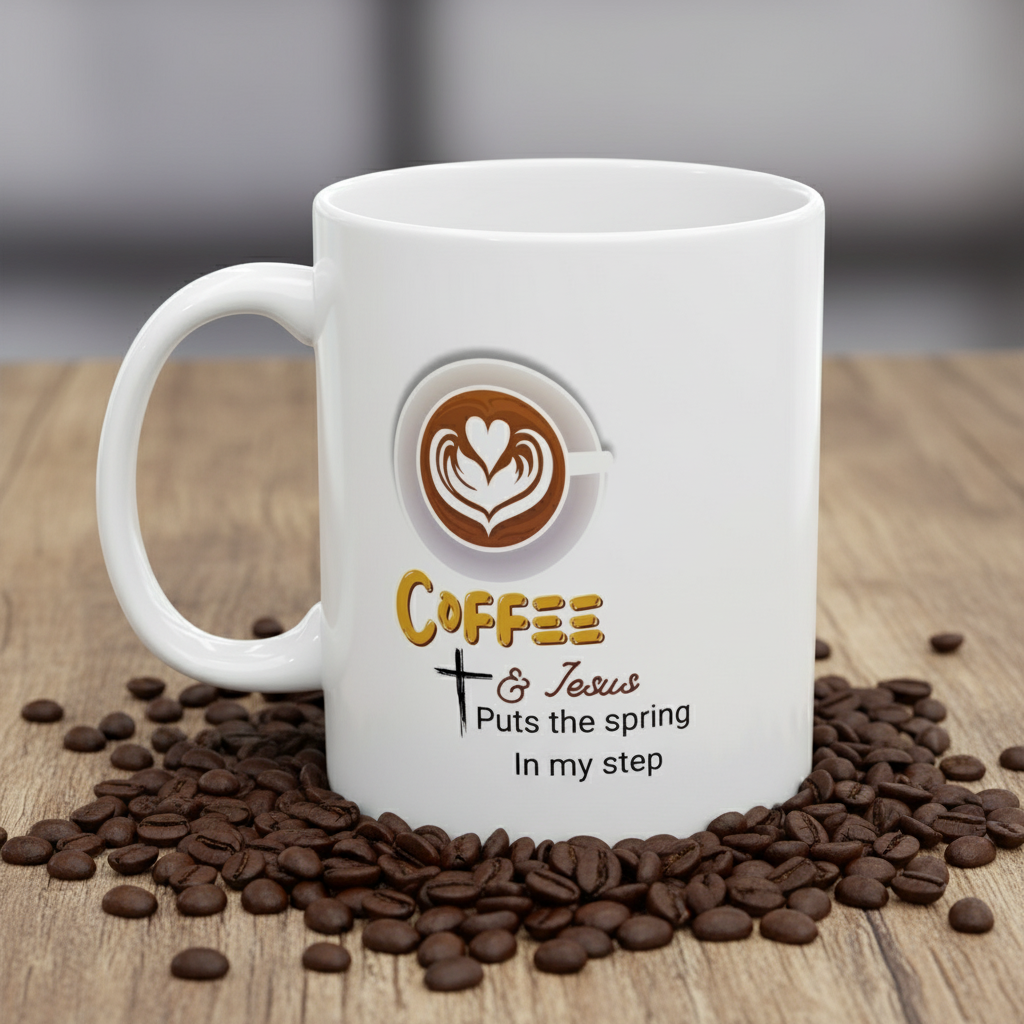 Jesus and Coffee, a day coffee puts a spring in my step  Mug — Funny Coffee Quote 11oz & 15oz