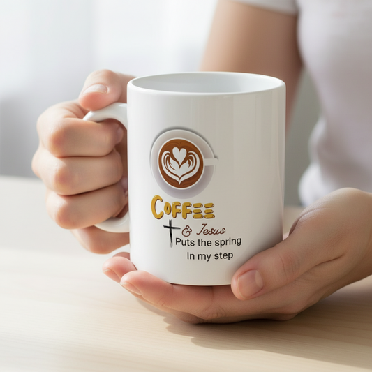 Jesus and Coffee, a day coffee puts a spring in my step  Mug — Funny Coffee Quote 11oz & 15oz