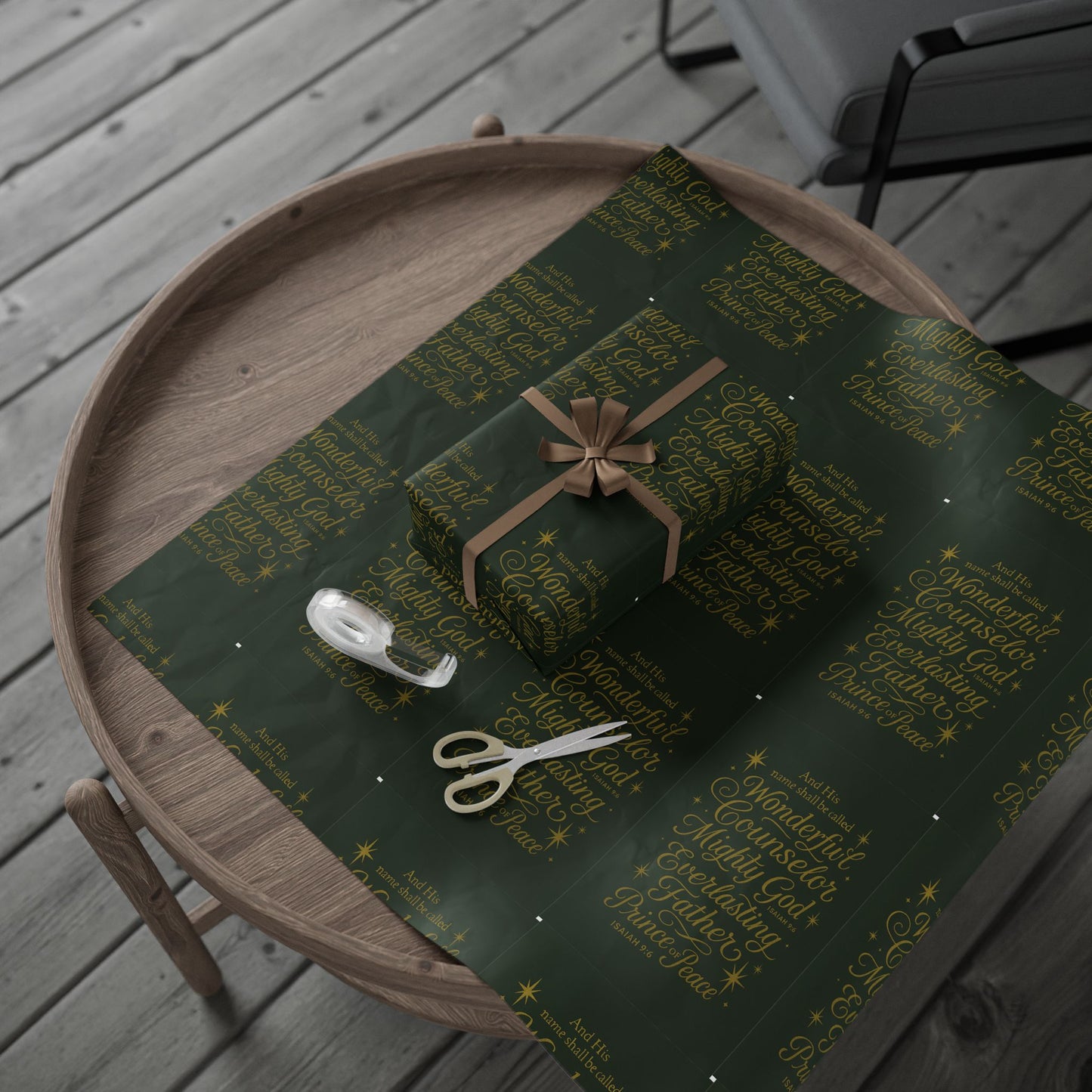 Christmas Wrapping Paper – Dark Green Gold Script "Merry & Bright" Holiday Gift Wrap