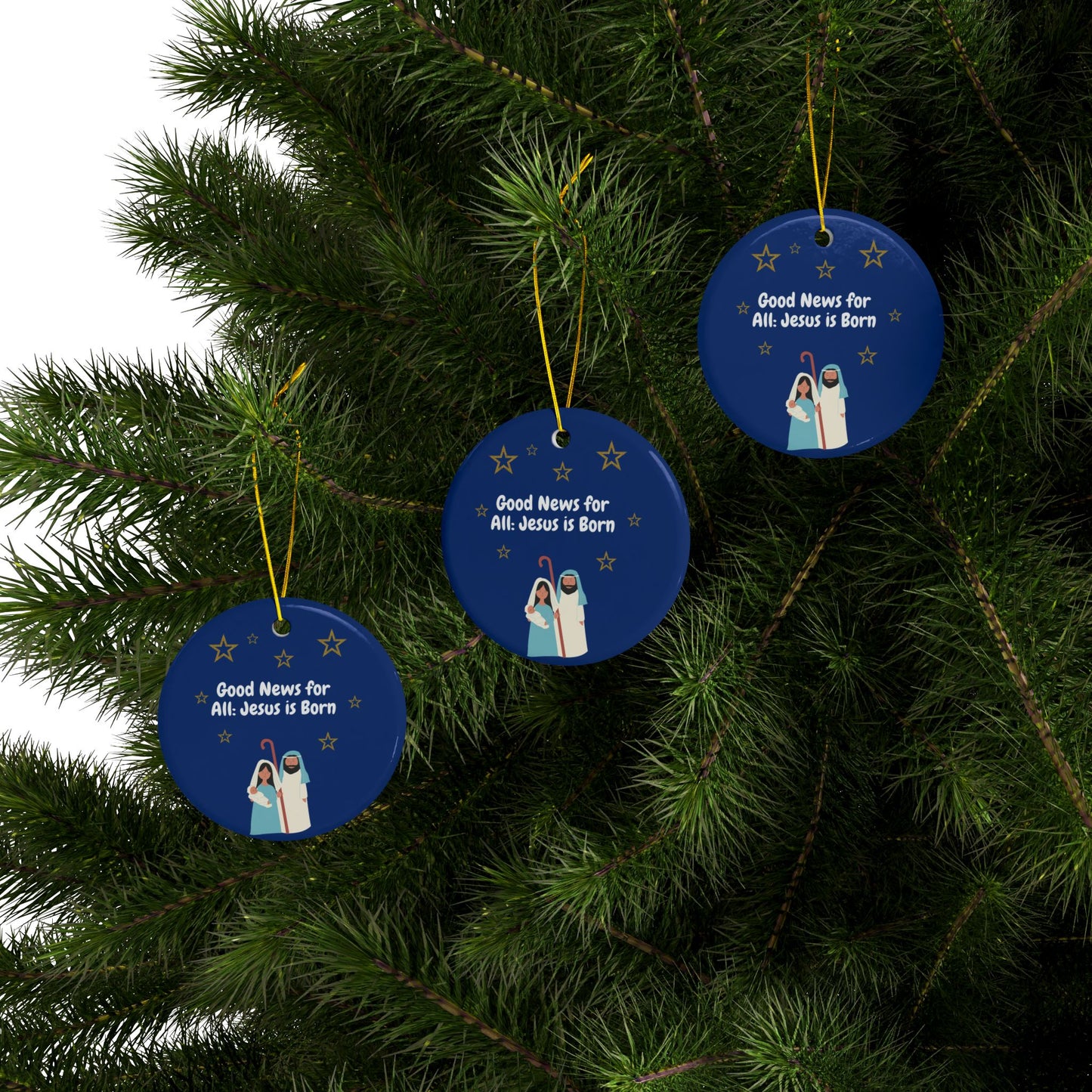 Christmas Ceramic Ornaments - "Good News for All: Jesus is Born" - Set of 1, 3, 5, or 10