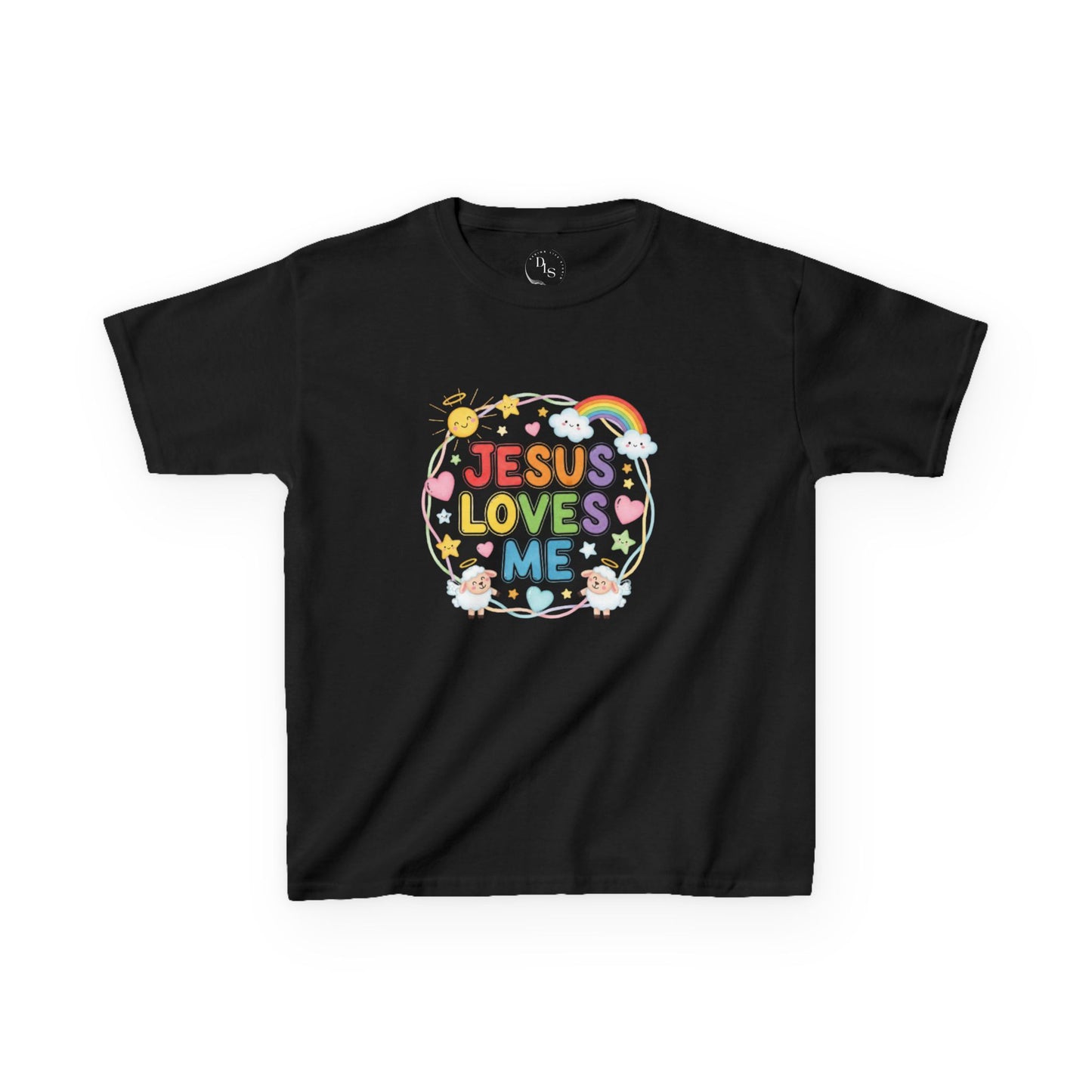 Kids T-Shirt — "Jesus Loves Me" Colorful Rainbow Faith Tee