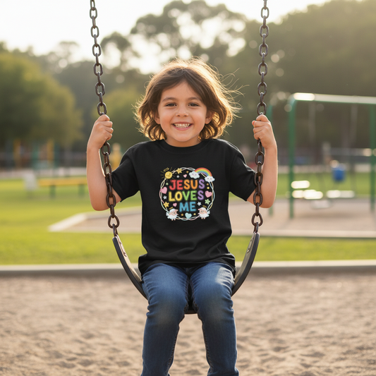 Kids T-Shirt — "Jesus Loves Me" Colorful Rainbow Faith Tee