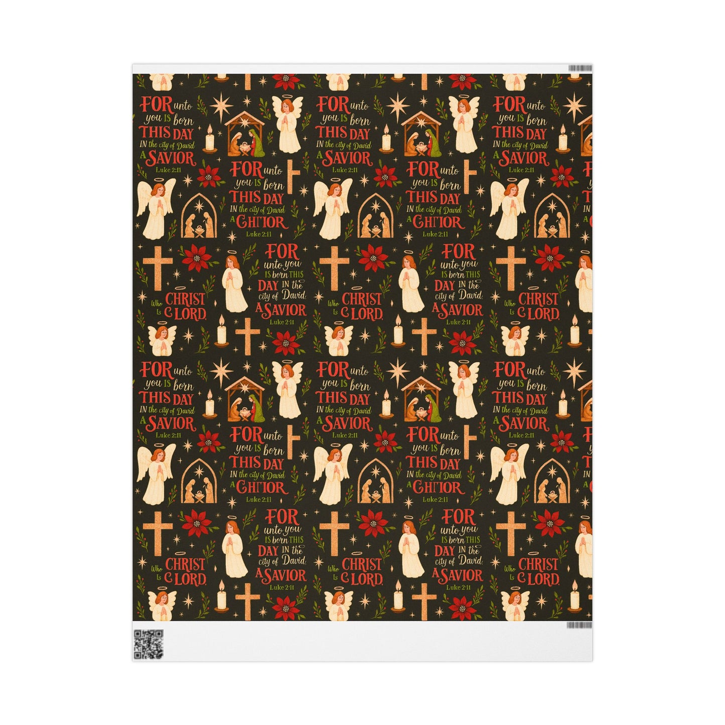 Christian Nativity Wrapping Paper – 'For This Day a Savior Is Born' Holiday Gift Wrap (Angels, Crosses & Manger Pattern)