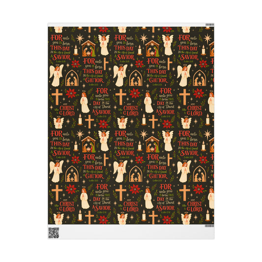 Christian Nativity Wrapping Paper – 'For This Day a Savior Is Born' Holiday Gift Wrap (Angels, Crosses & Manger Pattern)