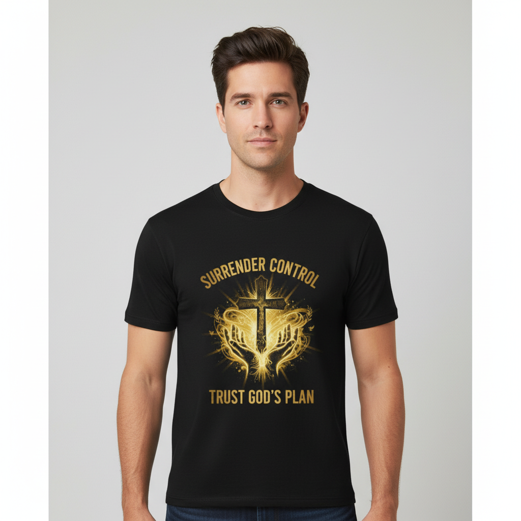 Christian T-Shirt - "Surrender Control, Trust God's Plan" Cross Graphic Tee