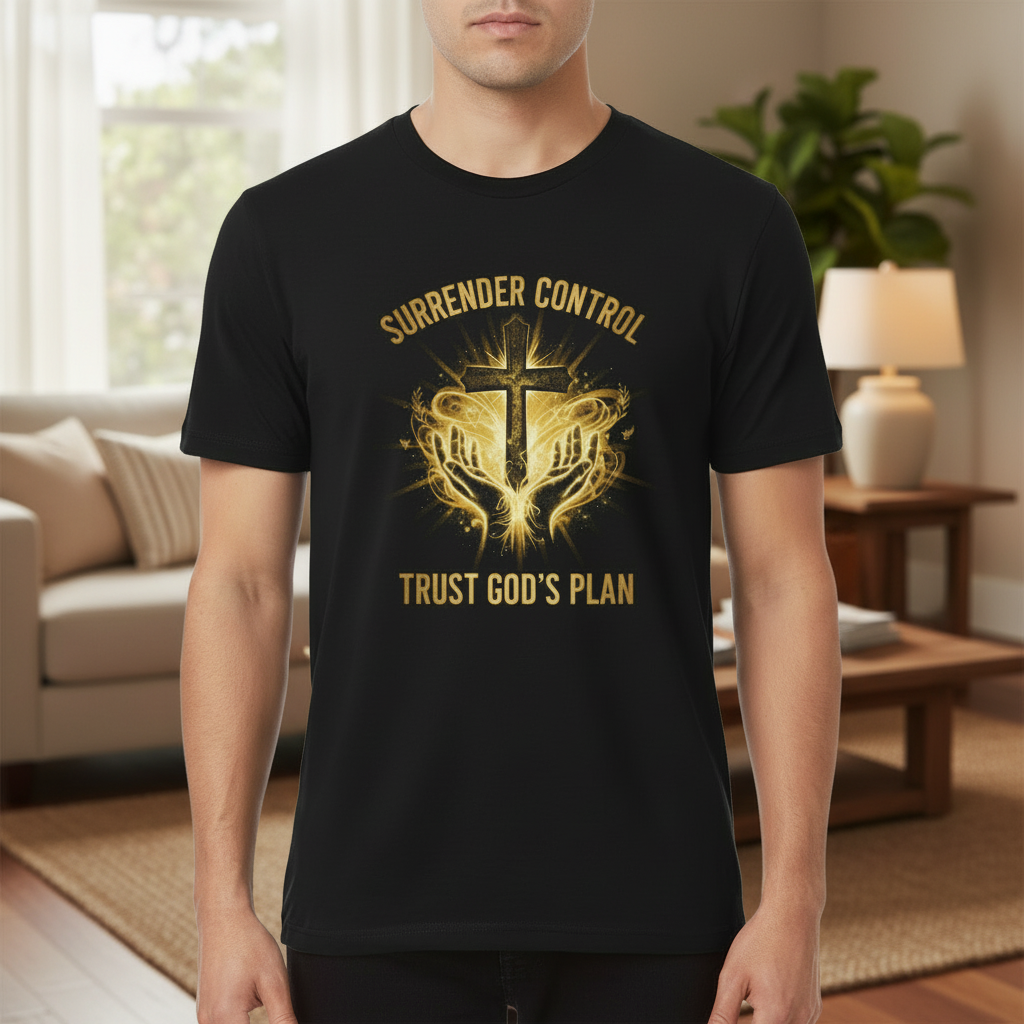 Christian T-Shirt - "Surrender Control, Trust God's Plan" Cross Graphic Tee
