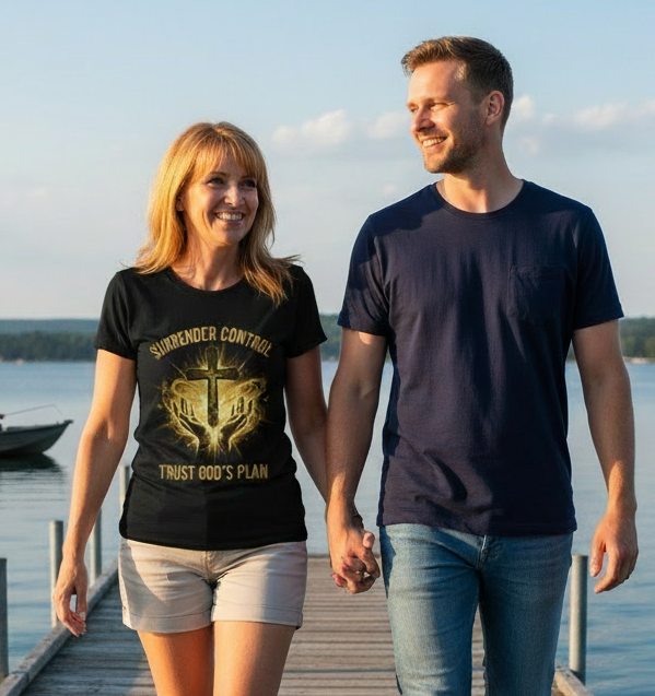 Christian T-Shirt - "Surrender Control, Trust God's Plan" Cross Graphic Tee