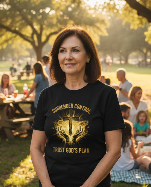 Christian T-Shirt - "Surrender Control, Trust God's Plan" Cross Graphic Tee