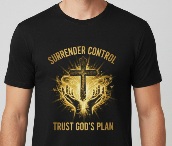 Christian T-Shirt - "Surrender Control, Trust God's Plan" Cross Graphic Tee
