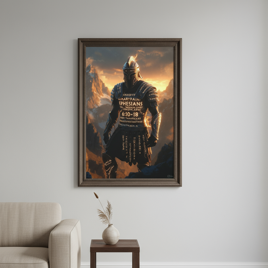 Canvas Art: Warrior Knight with Ephesians Scripture Wrap — Dramatic Religious Wall Art