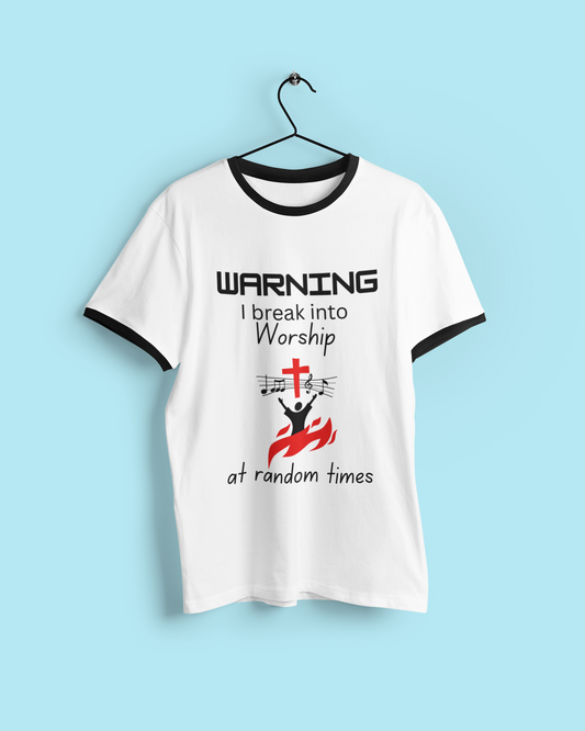Warning Worship Unisex Cotton Ringer T-Shirt | Christian T-Shirt, Faith Apparel, Inspirational Tee, Casual Church Wear, Gift for Believers