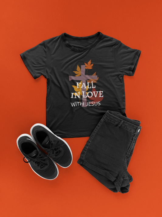 Fall Christian T-Shirt – “Fall in Love with Jesus” Autumn Leaves Cross Design