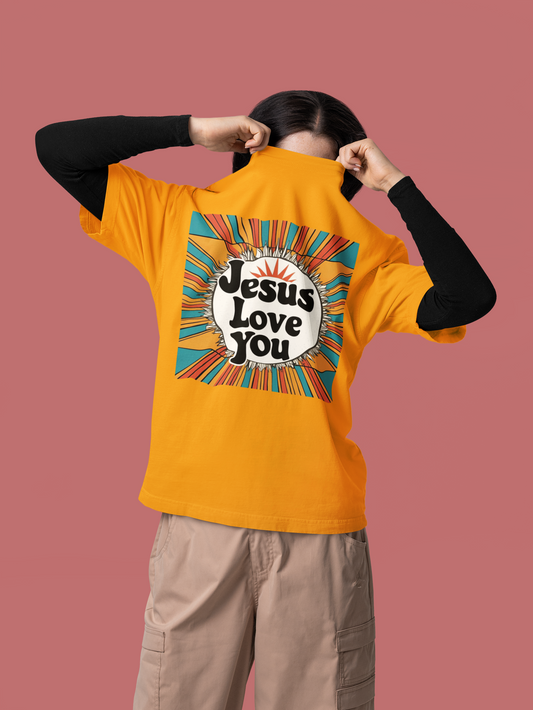 Retro Sunburst “Jesus Love You” T-Shirt – Bold Faith, Vintage Comfort