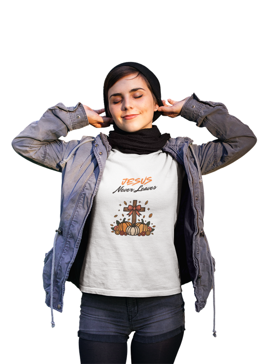 Jesus Never Leaves Short Sleeve Tee, Inspirational T-Shirt, Faith Shirt, Church Apparel, Perfect for Fall Celebrations, Casual Wear