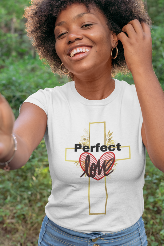 Perfect Love Christian T-Shirt – Gold Cross & Crowned Heart Design | Faith Apparel