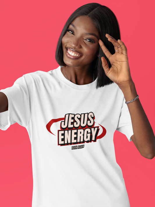JESUS ENERGY Born Again T-Shirt – Bold Christian Graphic Tee with Red Abstract Design, Faith-Fueled Statement Apparel for Spiritual Renewal and Empowerment