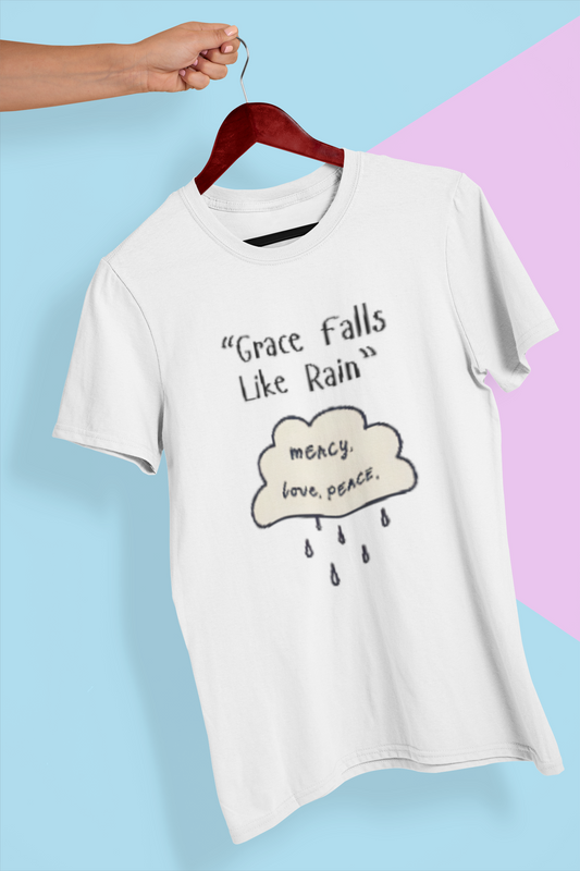 MERCY, love, PEACE Cloud T-Shirt – Faith-Inspired Comfortwear with Raindrop Design for Spiritual Renewal and Emotional Healing Short Sleeve Tee, Casual Wear, Gift for Friends, Grace Falls Like Rain Shirt, Everyday Comfort