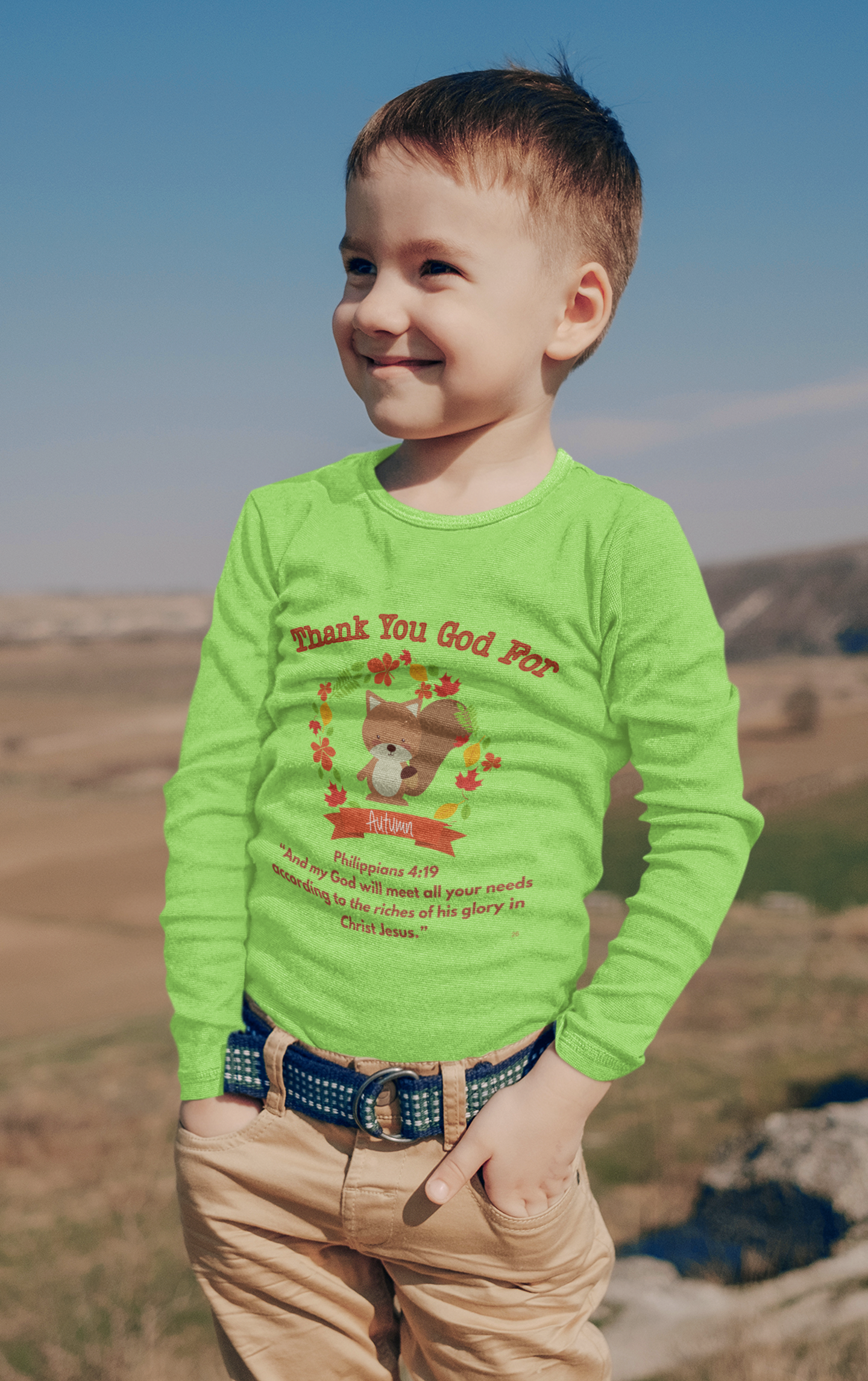 Kids Tee - Christian Autumn Squirrel Shirt God Will Provide Her Needs Thankful for the Flow